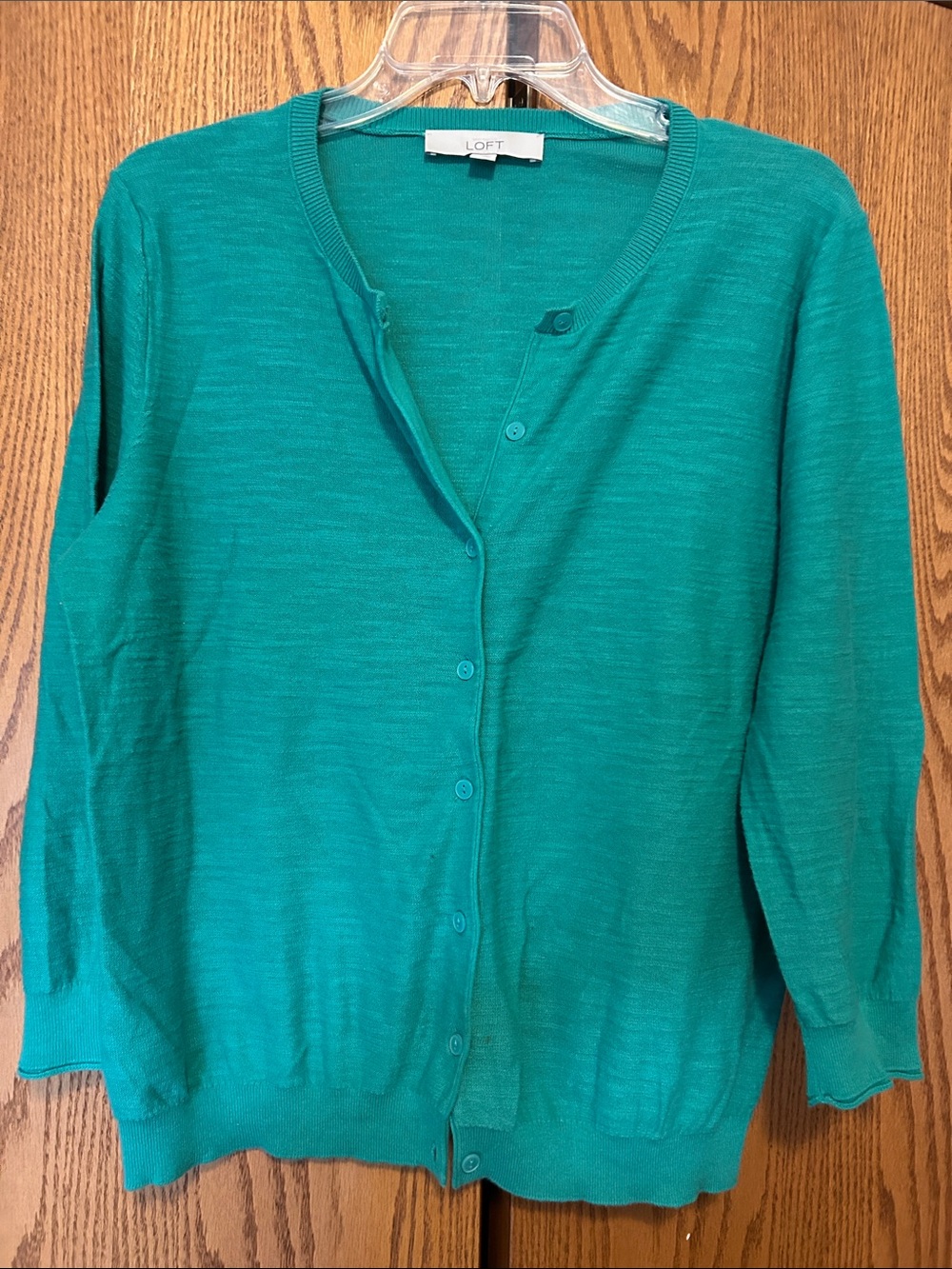 LOFT Green Button-Front Crewneck Cardigan